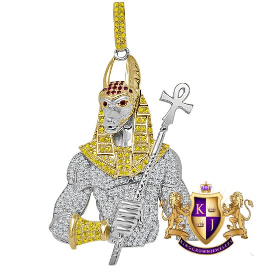 Real White Gold Sterling Silver Egyptian God Anubis Ankh Cross Custom Pendent Pharaoh Charm Big 3''