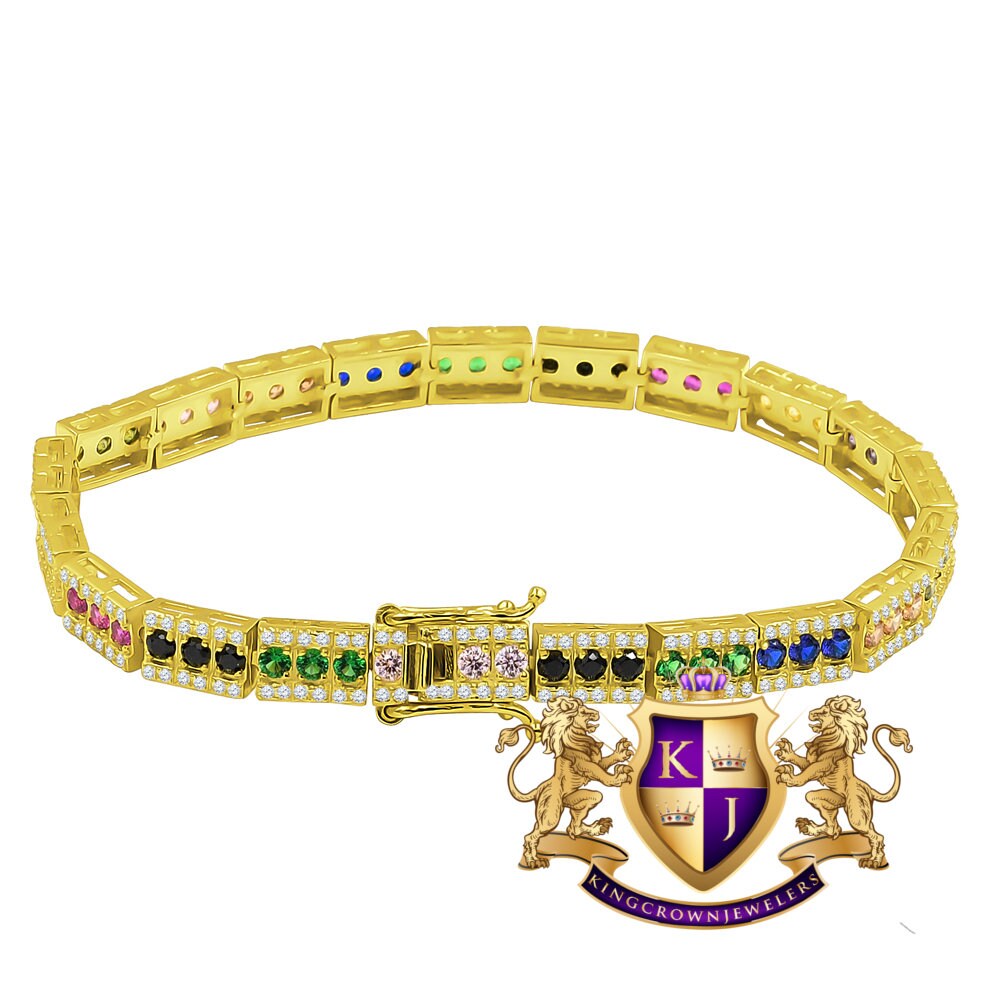 Real Genuine Yellow Gold Sterling Silver Rainbow Multi Tone Yellow Gold Finish Bracelet Unisex 7.5'