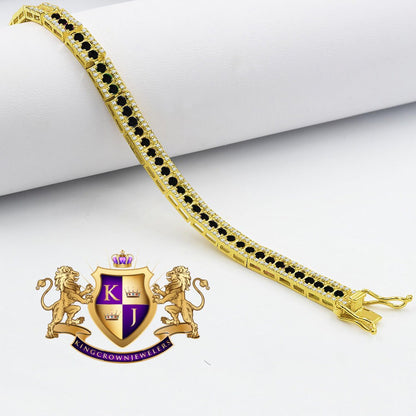 Real Genuine Yellow Gold Sterling Silver Simulated Diamond Onyx Black Tennis Bracelet Unisex 7.5'