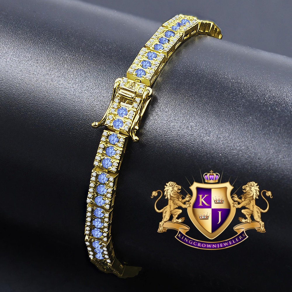 Real Genuine Yellow Gold Sterling Silver Simulated Diamond Blue Sapphire Link Bracelet Unisex 7.5'