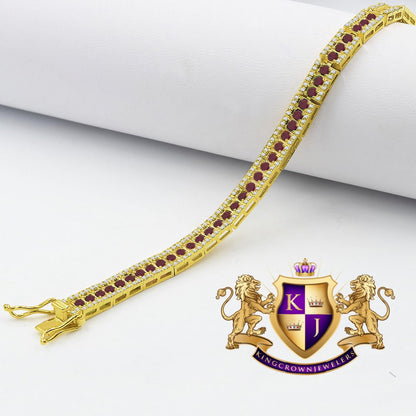 Real 14K Yellow Gold On Genuine Sterling Silver Ruby Red Tennis Link Bracelet Unisex
