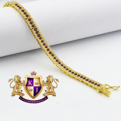 Real 14K Yellow Gold On Genuine Sterling Silver Ruby Red Tennis Link Bracelet Unisex