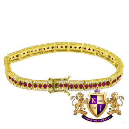 Real 14K Yellow Gold On Genuine Sterling Silver Ruby Red Tennis Link Bracelet Unisex