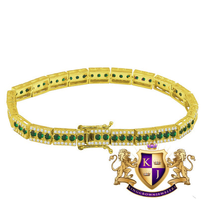 14K Yellow Gold Over Real Genuine Sterling Silver Emerald Green Tennis Bracelet Unisex