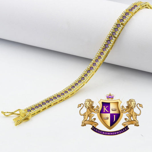 Unisex Real Genuine Yellow Gold Sterling Silver Simulated Diamond Purple Amethyst Tennis Bracelet