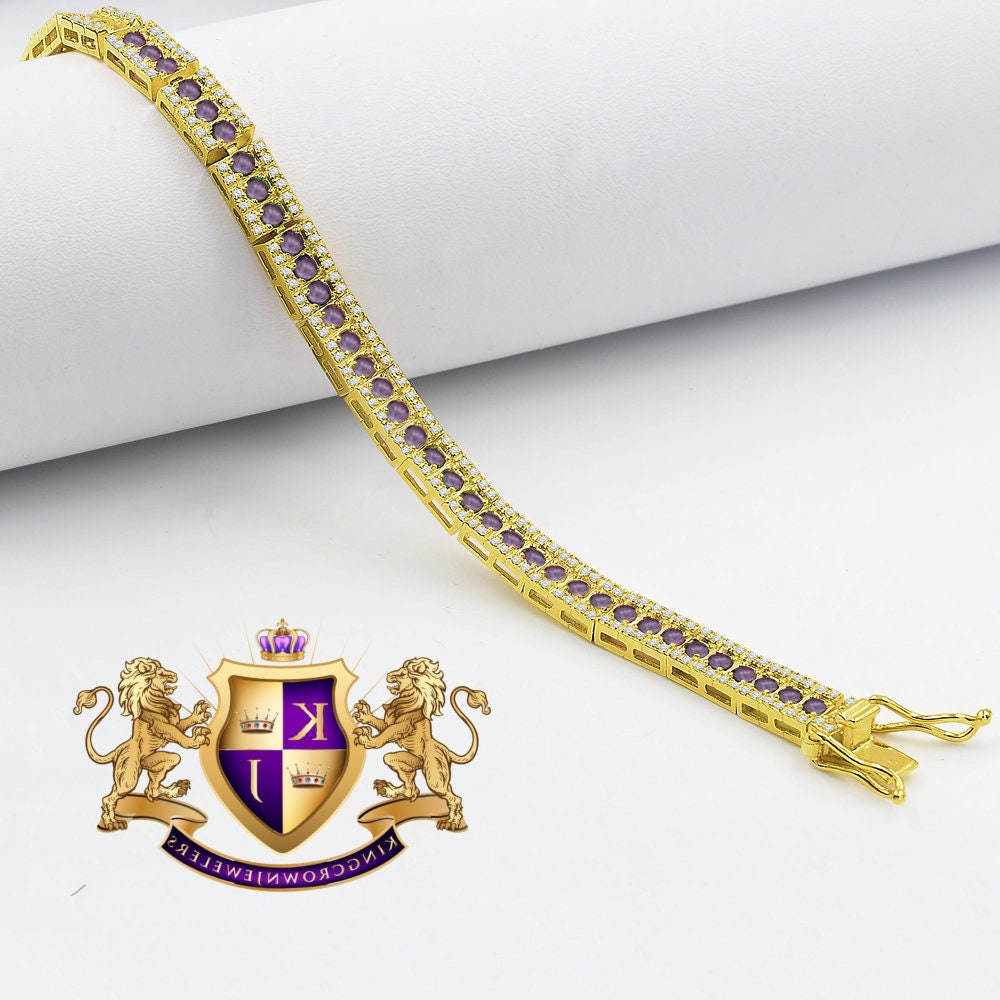 Unisex Real Genuine Yellow Gold Sterling Silver Simulated Diamond Purple Amethyst Tennis Bracelet