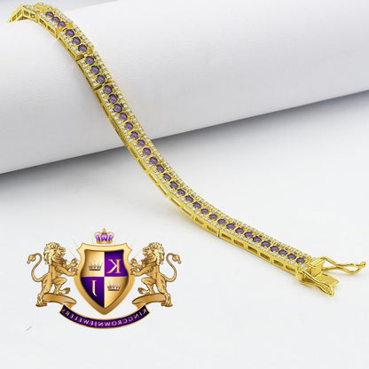 Unisex Real Genuine Yellow Gold Sterling Silver Simulated Diamond Purple Amethyst Tennis Bracelet