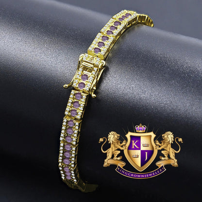 Unisex Real Genuine Yellow Gold Sterling Silver Simulated Diamond Purple Amethyst Tennis Bracelet