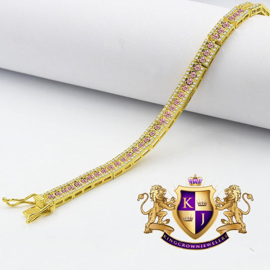 Real Genuine Yellow Gold Sterling Silver Pink Tourmaline Tennis Bracelet Unisex