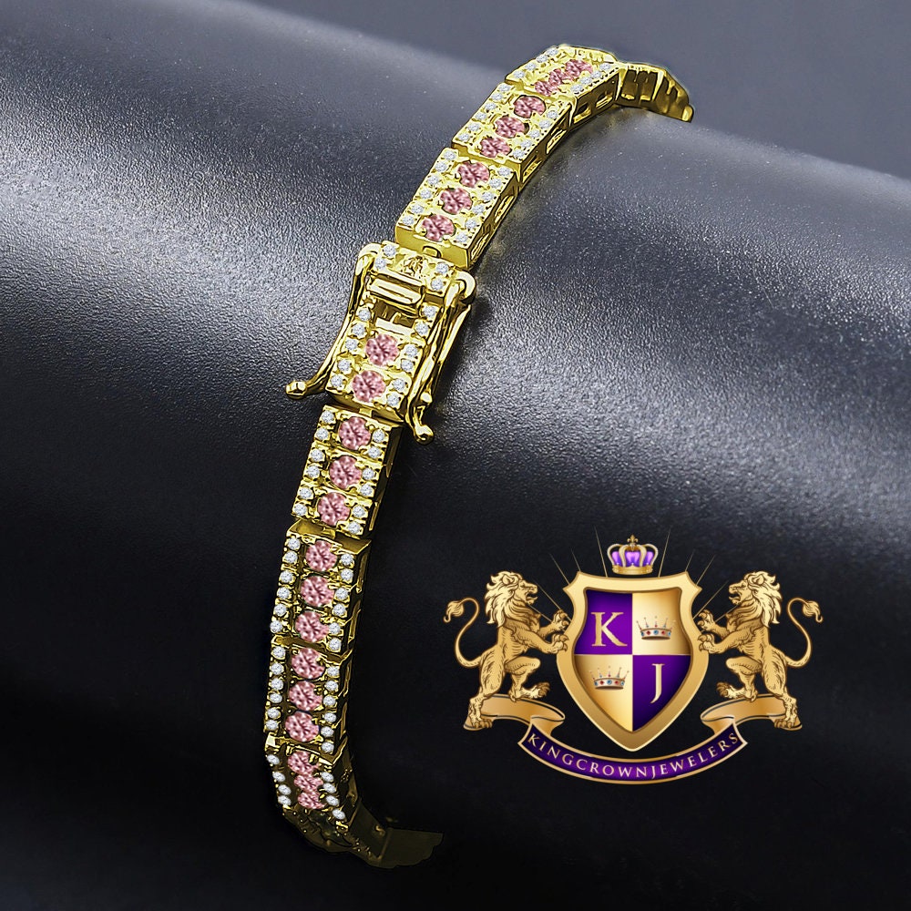 Real Genuine Yellow Gold Sterling Silver Pink Tourmaline Tennis Bracelet Unisex