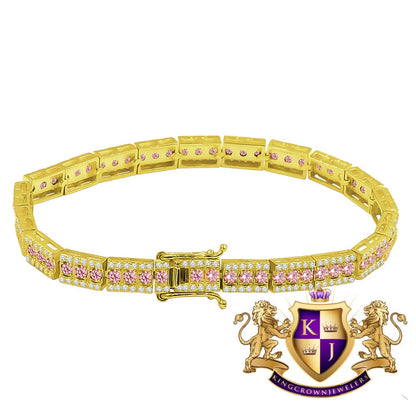 Real Genuine Yellow Gold Sterling Silver Pink Tourmaline Tennis Bracelet Unisex