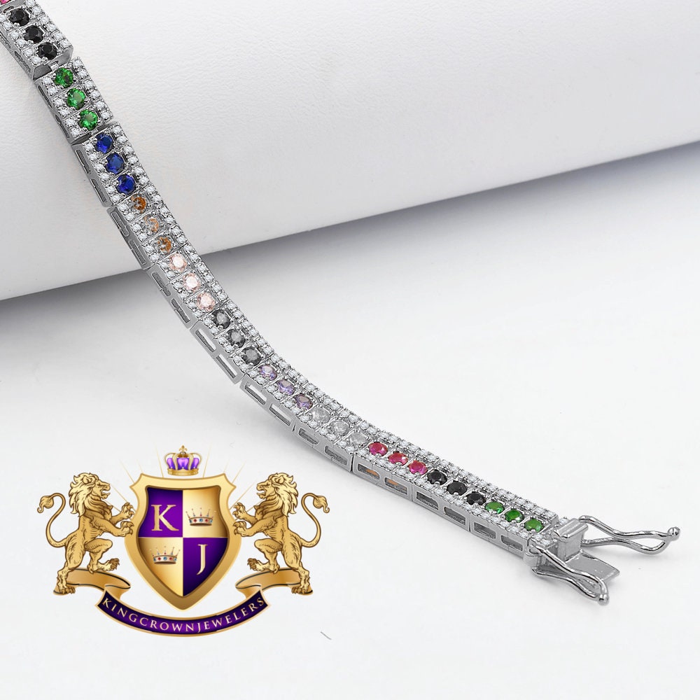 14K White  Gold Over Real Italian Sterling Silver Rainbow Multi Tone Yellow Gold Finish Bracelet Unisex 7.5'