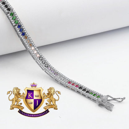 14K White  Gold Over Real Italian Sterling Silver Rainbow Multi Tone Yellow Gold Finish Bracelet Unisex 7.5'