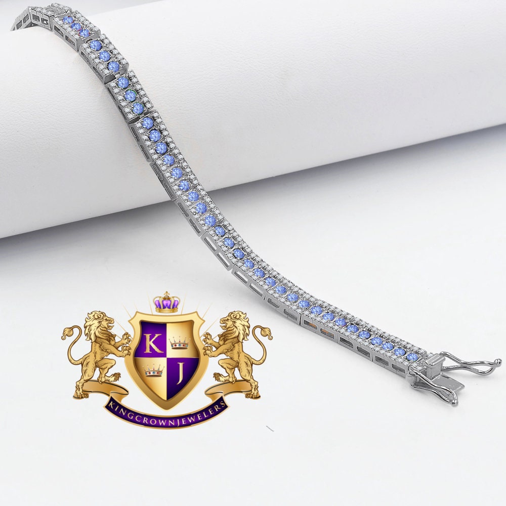 14K White Gold Over Real Italian Sterling Silver Blue Sapphire Tennis Link Bracelet Unisex 7.5''