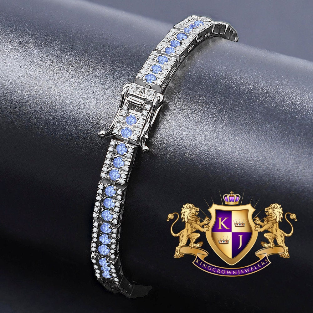 14K White Gold Over Real Italian Sterling Silver Blue Sapphire Tennis Link Bracelet Unisex 7.5''