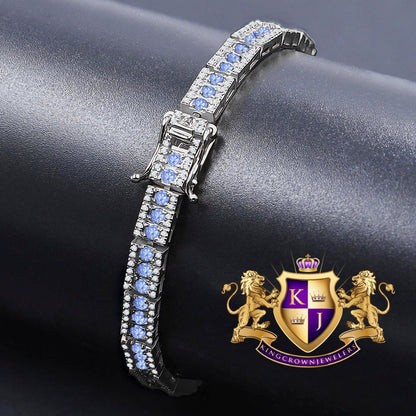 14K White Gold Over Real Italian Sterling Silver Blue Sapphire Tennis Link Bracelet Unisex 7.5''