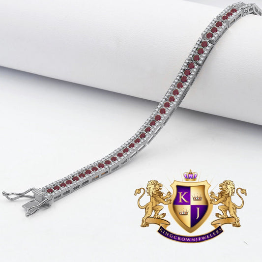 Real White Gold On Genuine Sterling Silver Ruby Red Tennis Link Bracelet Unisex