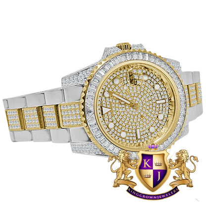 Baguette Solid Stainless Steel 2 Tone Yellow Gold Simulated Diamond Mens Watch 40mm W/Date