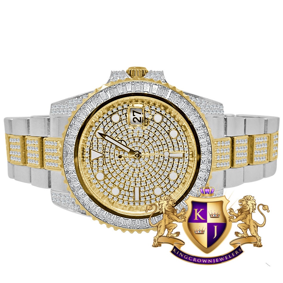 Baguette Solid Stainless Steel 2 Tone Yellow Gold Simulated Diamond Mens Watch 40mm W/Date