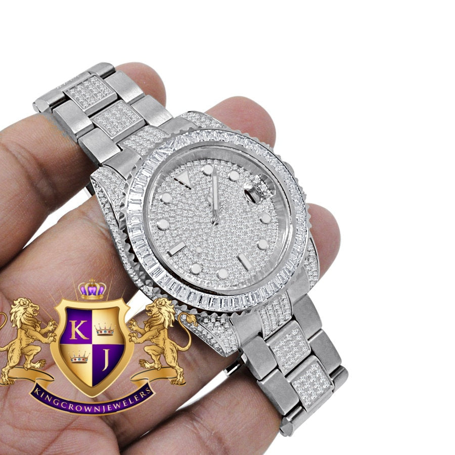 Baguette Solid Stainless Steel 18K White Gold Finish Simulated Diamond Mens Watch 40mm W/Date