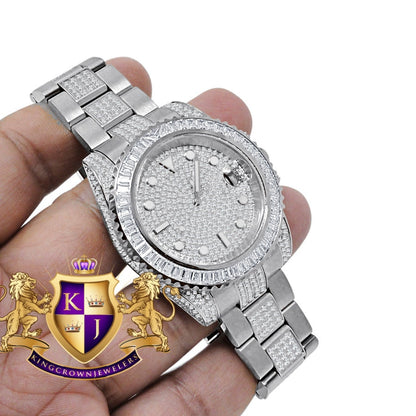 Baguette Solid Stainless Steel 18K White Gold Finish Simulated Diamond Mens Watch 40mm W/Date