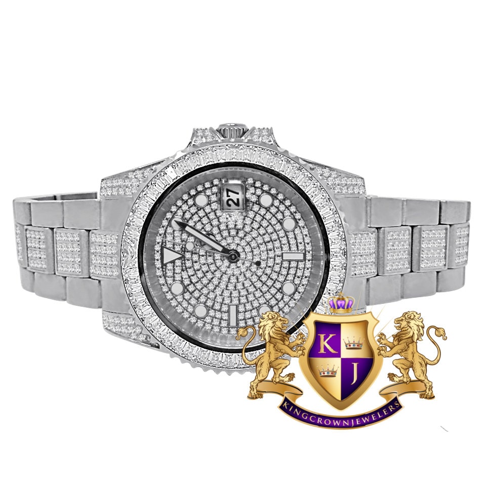 Baguette Solid Stainless Steel 18K White Gold Finish Simulated Diamond Mens Watch 40mm W/Date