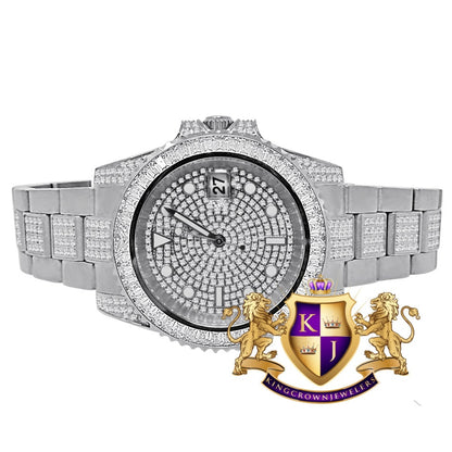 Baguette Solid Stainless Steel 18K White Gold Finish Simulated Diamond Mens Watch 40mm W/Date
