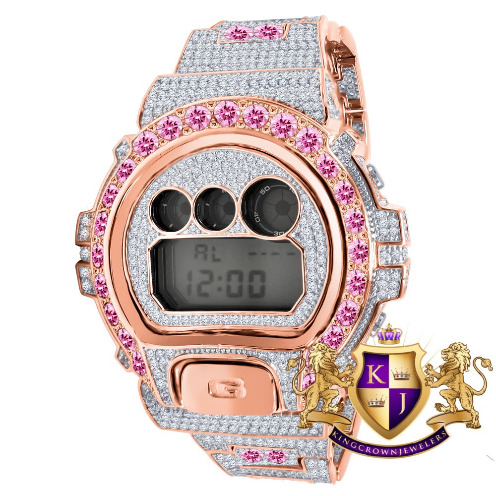 Pink Solitaire Rose Gold Tone Simulated Diamond G Shock Casio DW-6900 Mens Custom Watch