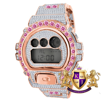 Pink Solitaire Rose Gold Tone Simulated Diamond G Shock Casio DW-6900 Mens Custom Watch