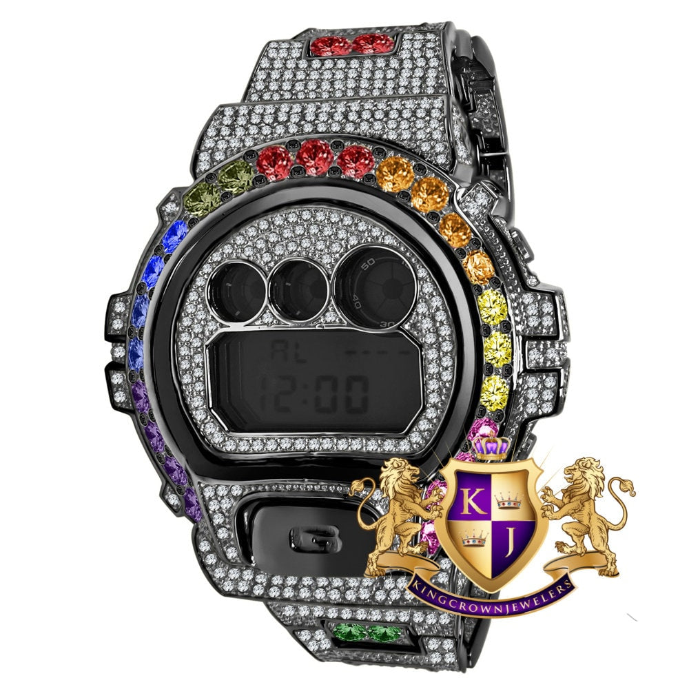 Rainbow Multi Solitaire Black Gold Tone Simulated Diamond G Shock Casio DW-6900 Mens Custom Watch