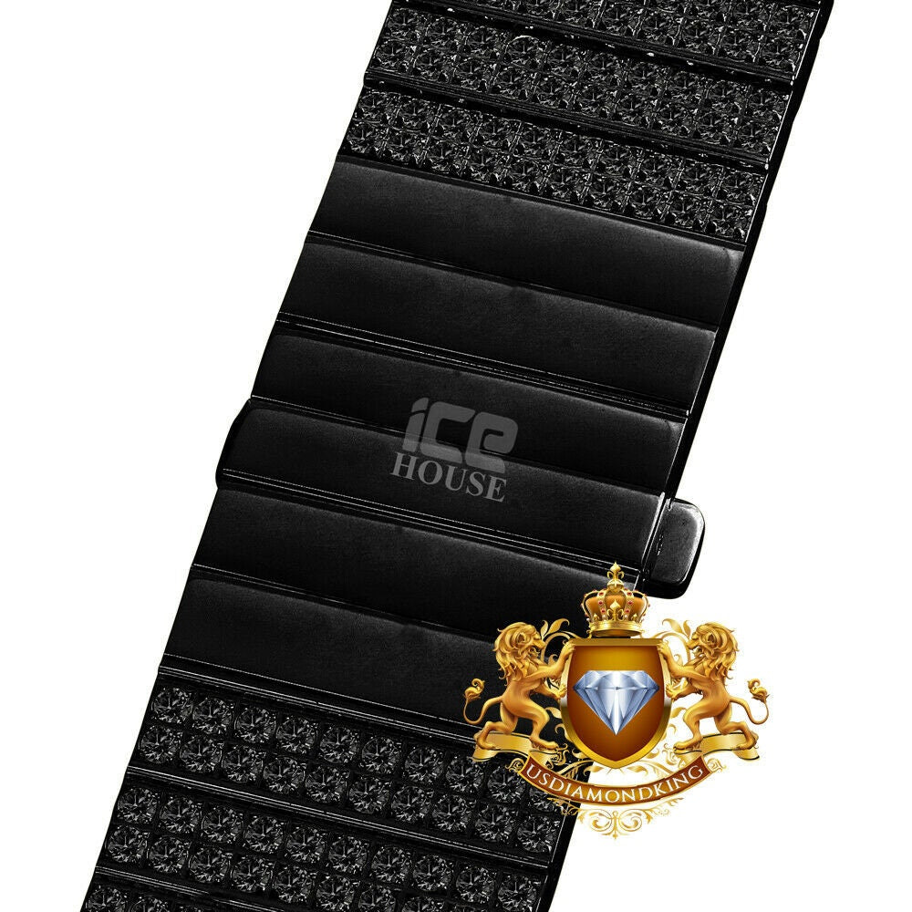 Men's 133+ Grams Solid Stainless Steel 18K Black Gold Finish CNC Set 18.00 Cwt. Simulated Diamond Custom Watch Band 24mm