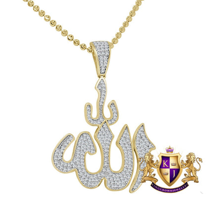 Real Authentic Sterling Silver 14K Gold Finish 1.75 Cwt. Genuine Simulated Diamond Allah Muslim Islamic Arabic Pendant Charm Chain Neckless
