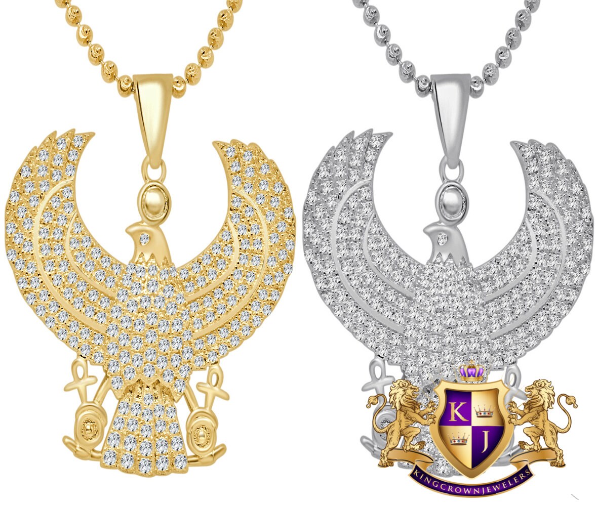 Real Sterling Silver 10K Gold Finish Egyptian God Horus Royal Falcon Eagle Simulated Diamond Pendent Charm Chain Set