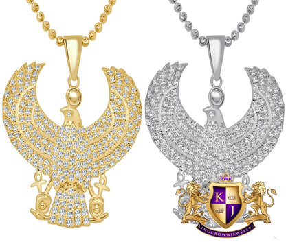 Real Sterling Silver 10K Gold Finish Egyptian God Horus Royal Falcon Eagle Simulated Diamond Pendent Charm Chain Set