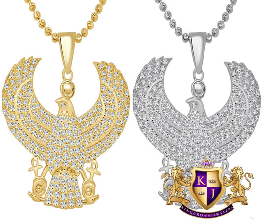 Real Sterling Silver 10K Gold Finish Egyptian God Horus Royal Falcon Eagle Simulated Diamond Pendent Charm Chain Set