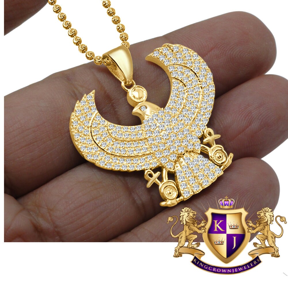 Real Sterling Silver 10K Gold Finish Egyptian God Horus Royal Falcon Eagle Simulated Diamond Pendent Charm Chain Set