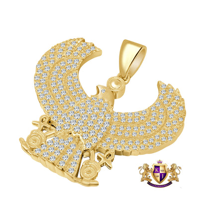 Real Sterling Silver 10K Gold Finish Egyptian God Horus Royal Falcon Eagle Simulated Diamond Pendent Charm Chain Set