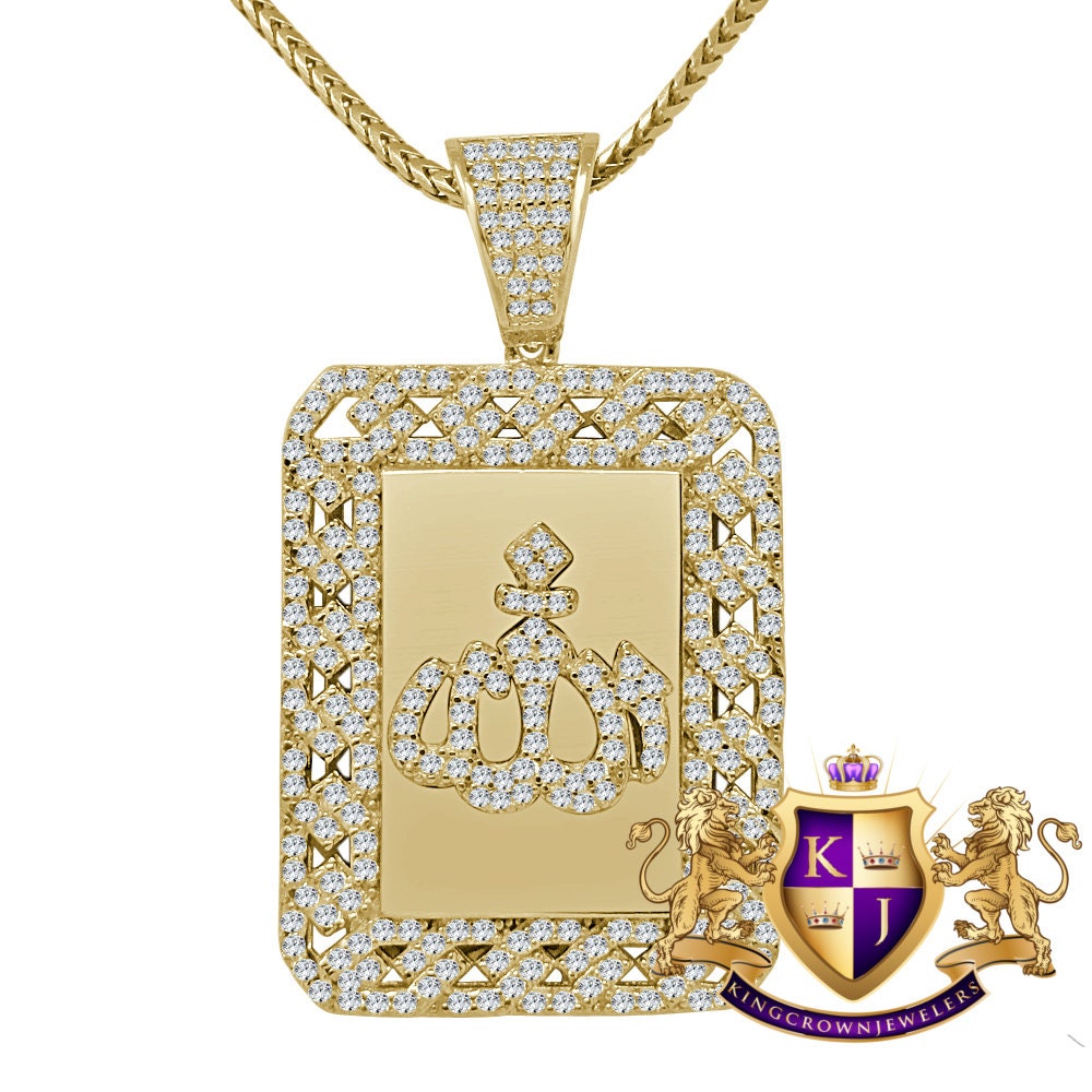 Real Genuine Sterling Silver 14K Gold Finish 2.00 Cwt. Simulated Diamond Allah God Muslim Islamic Arabic Frame Pendant Charm Chain Neckless