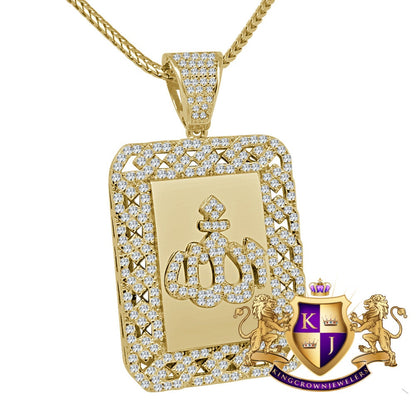 Real Genuine Sterling Silver 14K Gold Finish 2.00 Cwt. Simulated Diamond Allah God Muslim Islamic Arabic Frame Pendant Charm Chain Neckless