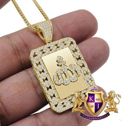 Real Genuine Sterling Silver 14K Gold Finish 2.00 Cwt. Simulated Diamond Allah God Muslim Islamic Arabic Frame Pendant Charm Chain Neckless