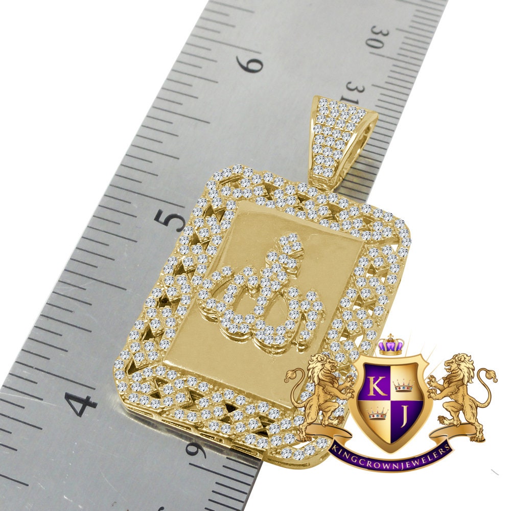 Real Genuine Sterling Silver 14K Gold Finish 2.00 Cwt. Simulated Diamond Allah God Muslim Islamic Arabic Frame Pendant Charm Chain Neckless