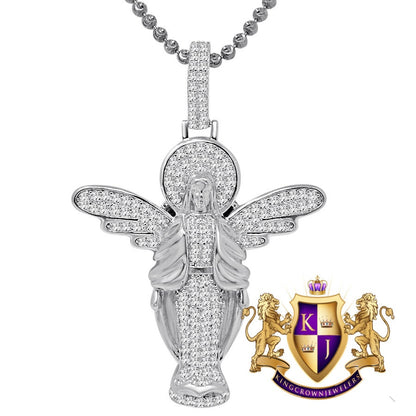 10K White Gold On Genuine Silver Simulated Diamond Lady of Guadalupe Mother Mary Pendant Chain Set