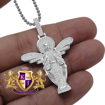 10K White Gold On Genuine Silver Simulated Diamond Lady of Guadalupe Mother Mary Pendant Chain Set