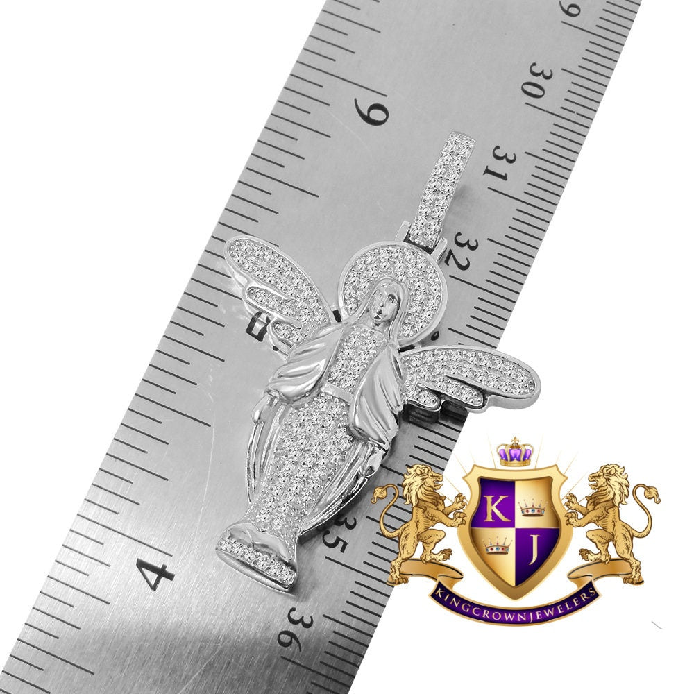 10K White Gold On Genuine Silver Simulated Diamond Lady of Guadalupe Mother Mary Pendant Chain Set