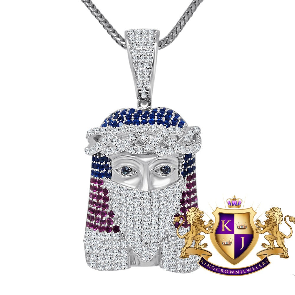 Multi Tone Real White Sterling Silver Jesus Face Wearing Mask Simulated Diamond Pendent Charm + Chain