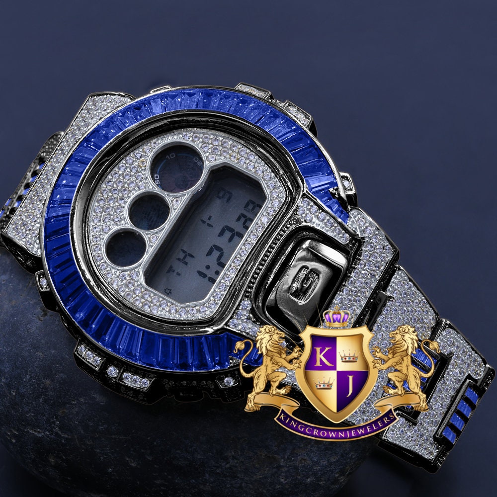 2 Tone Mens Baguette Blue Sapphire Real Black Casio G Shock Authentic DW-6900 Custom Digital Watch