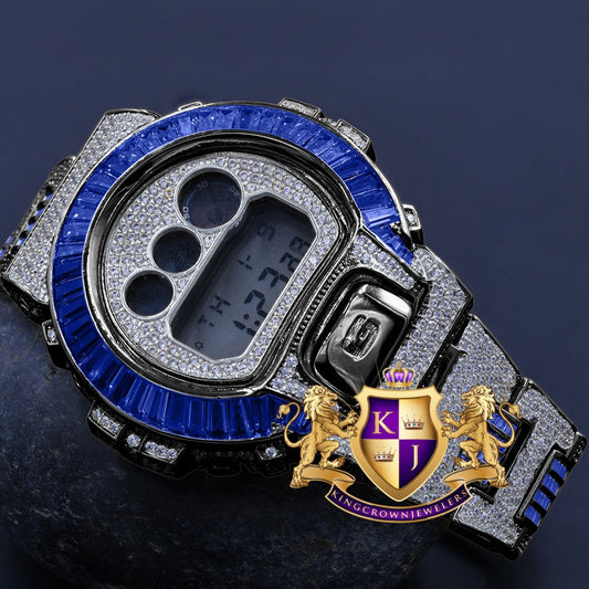 2 Tone Mens Baguette Blue Sapphire Real Black Casio G Shock Authentic DW-6900 Custom Digital Watch