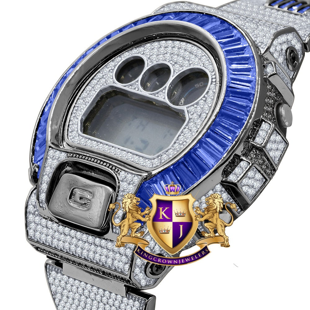 2 Tone Mens Baguette Blue Sapphire Real Black Casio G Shock Authentic DW-6900 Custom Digital Watch