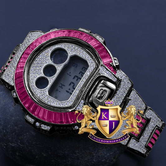 2 Tone Baguette Pink Tourmaline Black Gold Casio G Shock Authentic DW-6900 Custom Mens Digital Watch
