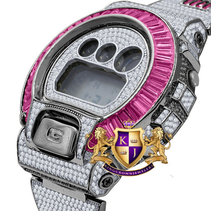 2 Tone Baguette Pink Tourmaline Black Gold Casio G Shock Authentic DW-6900 Custom Mens Digital Watch